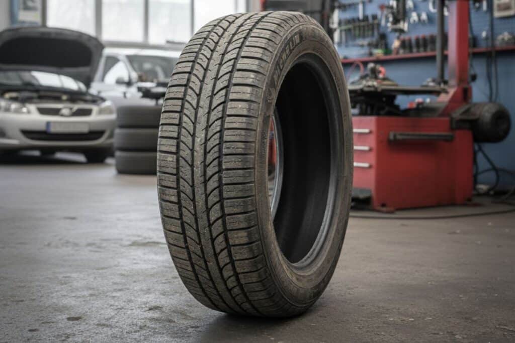 A foto mostra um pneu da marca Michelin dentro de uma borracharia.