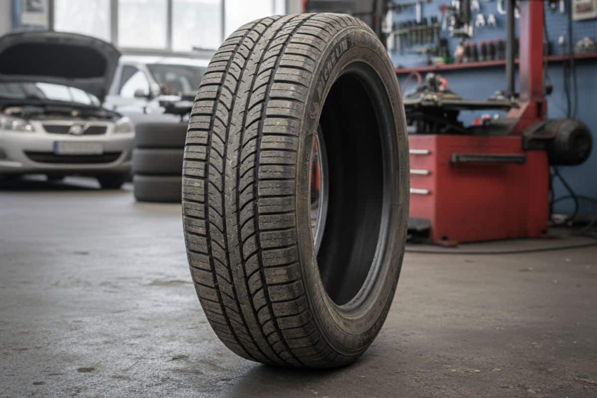 A foto mostra um pneu da marca Michelin dentro de uma borracharia.