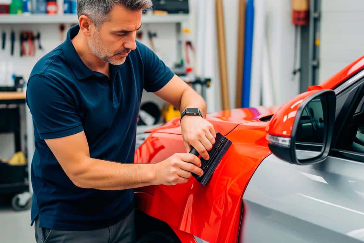 Foto de um técnico aplicando envelopamento em um carro.