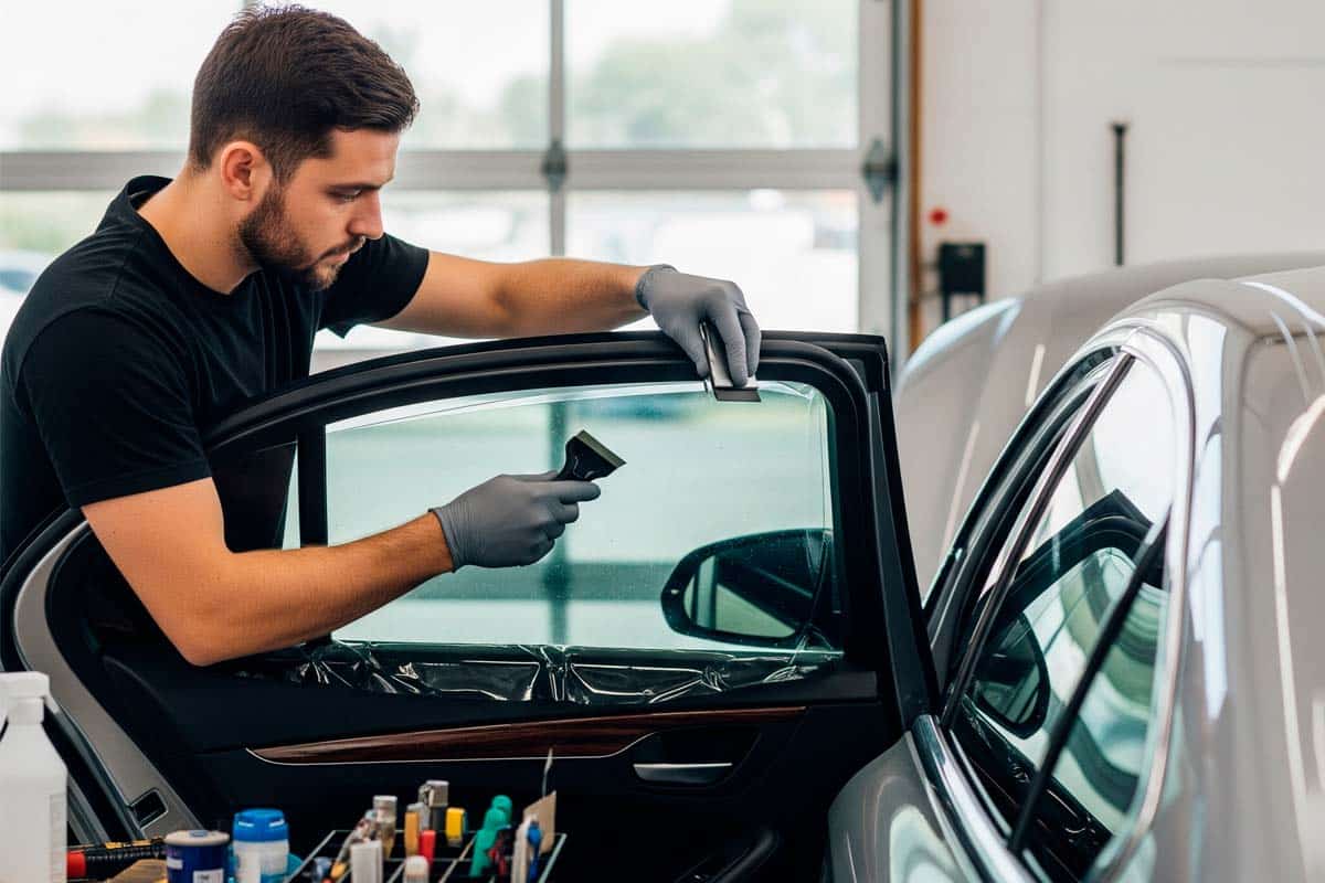 Foto de um técnico aplicando película no vidro de um carro.