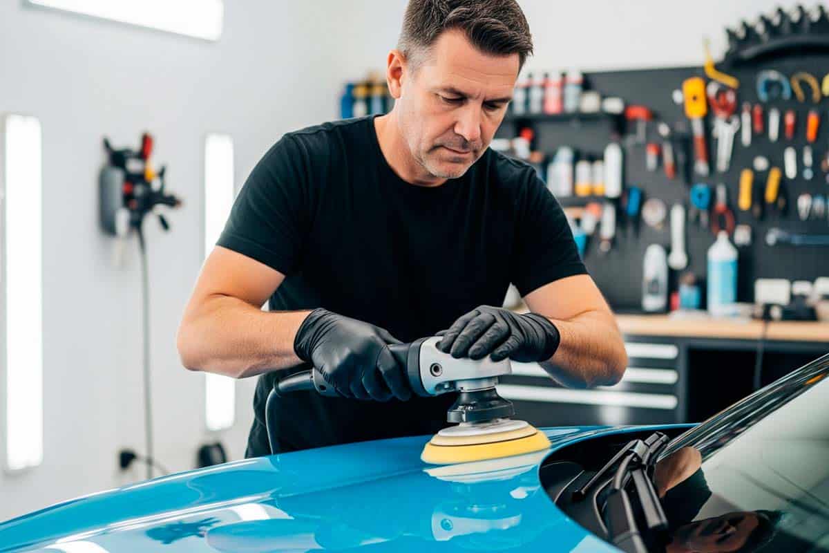 Foto de um técnico realizando o polimento em um carro.