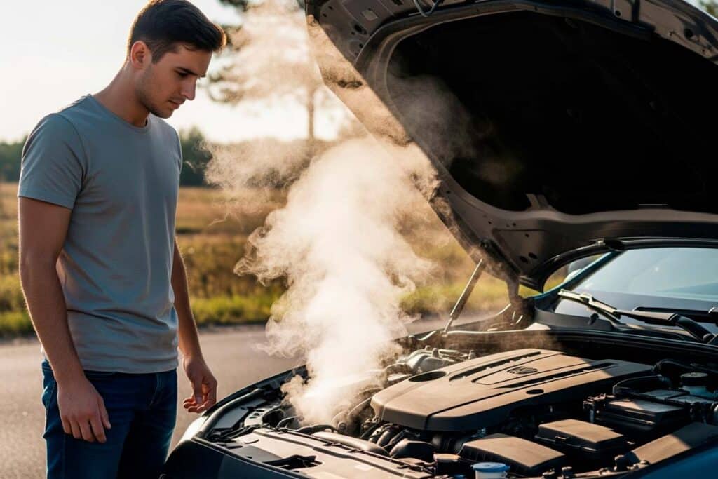 Foto de um homem olhando o capô do carro aberto enquanto sai fumaça.