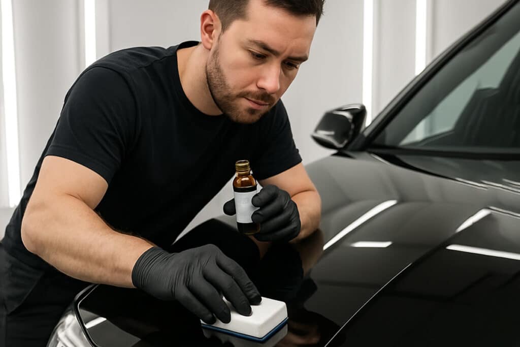 Foto de um homem aplicando a vitrificação no capô de um carro.