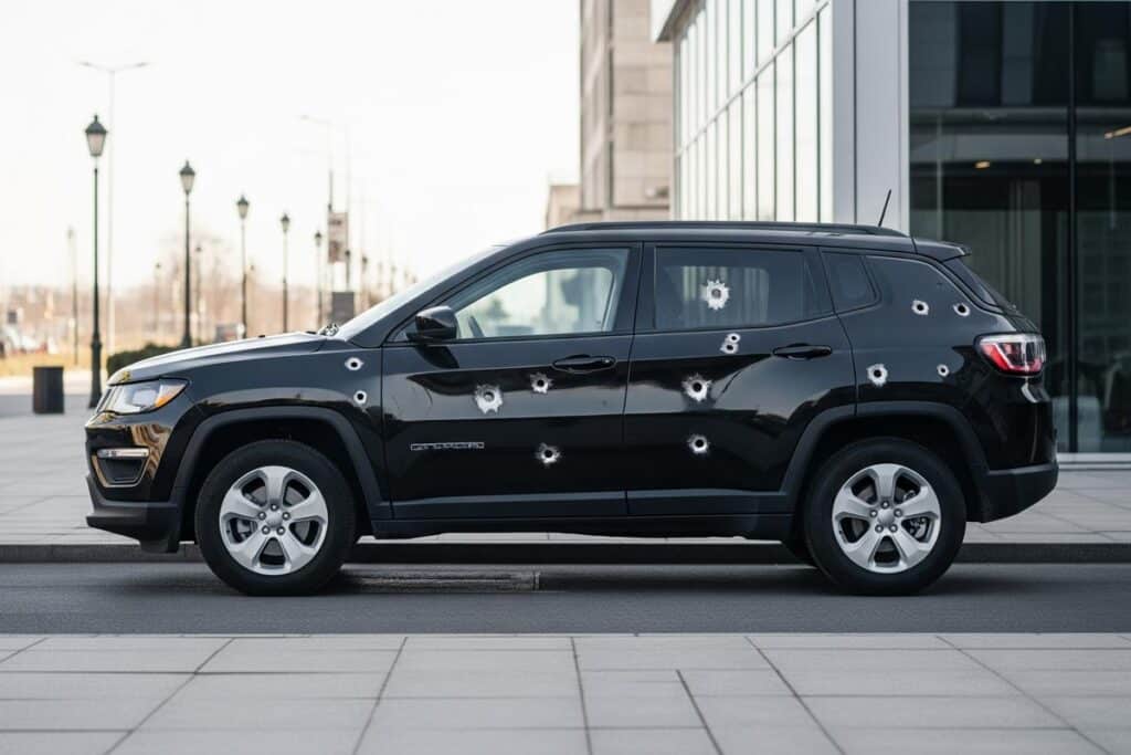 Foto de um Jeep Compass com algumas marcas de tiro na lateral.
