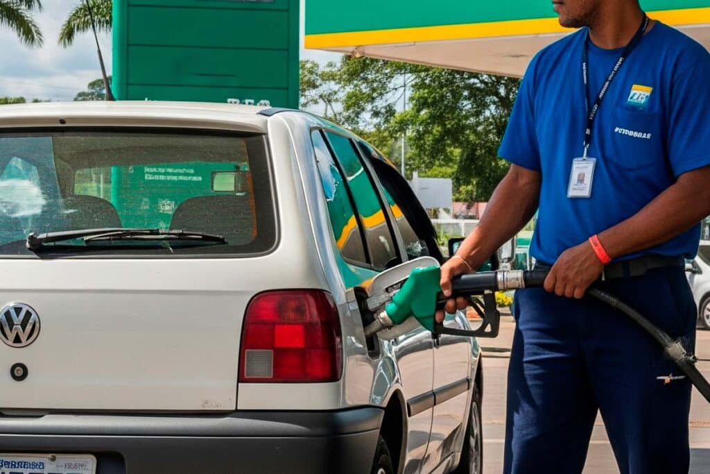 Foto de um frentista abastecendo um carro em posto de combustível.
