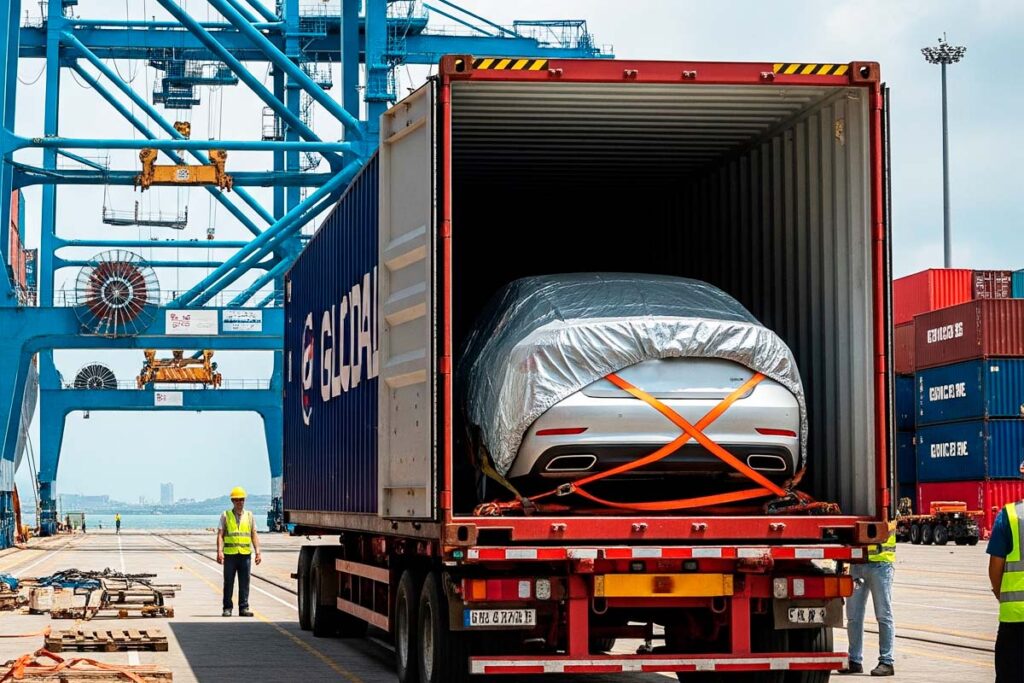 Foto de um carro dentro de um container sendo transportado dentro de um porto.