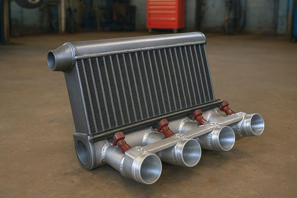 Foto de um intercooler em uma bancada de uma oficina mecânica.