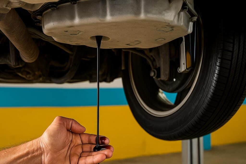 Foto em baixo de um carro, o óleo do câmbio está saindo e o mecânico toca ele levemente com as pontas do dedo para sentir a viscosidade.