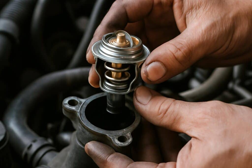Foto de um mecânico instalando uma válvula termostática no motor de um carro.