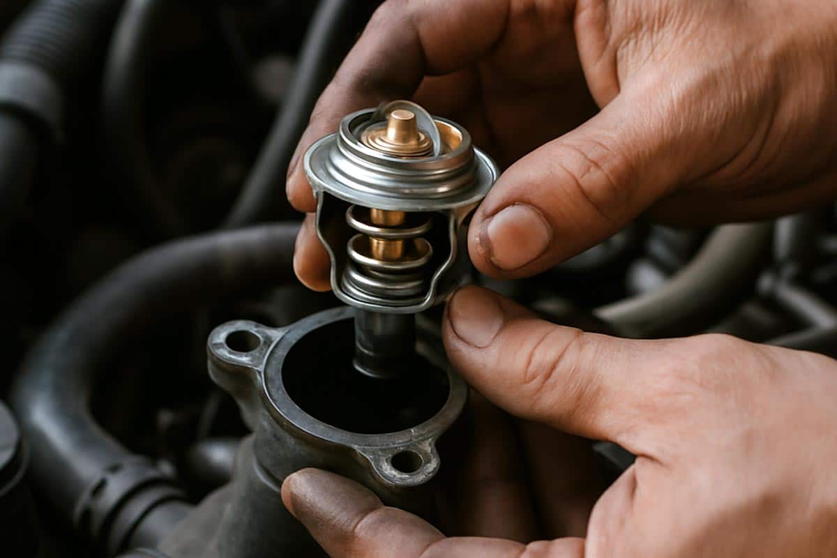 Foto de um mecânico instalando uma válvula termostática no motor de um carro.