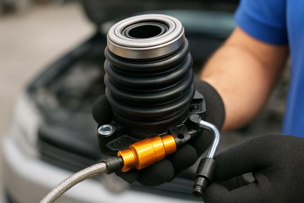 Foto de um mecânico segurando um atuador de embreagem, com um carro com capô aberto ao fundo.