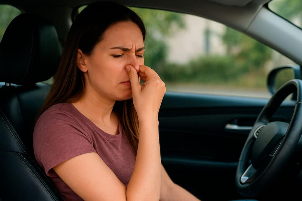 Foto de uma mulher tampando o nariz para não sentir um cheiro desagradável dentro do carro.