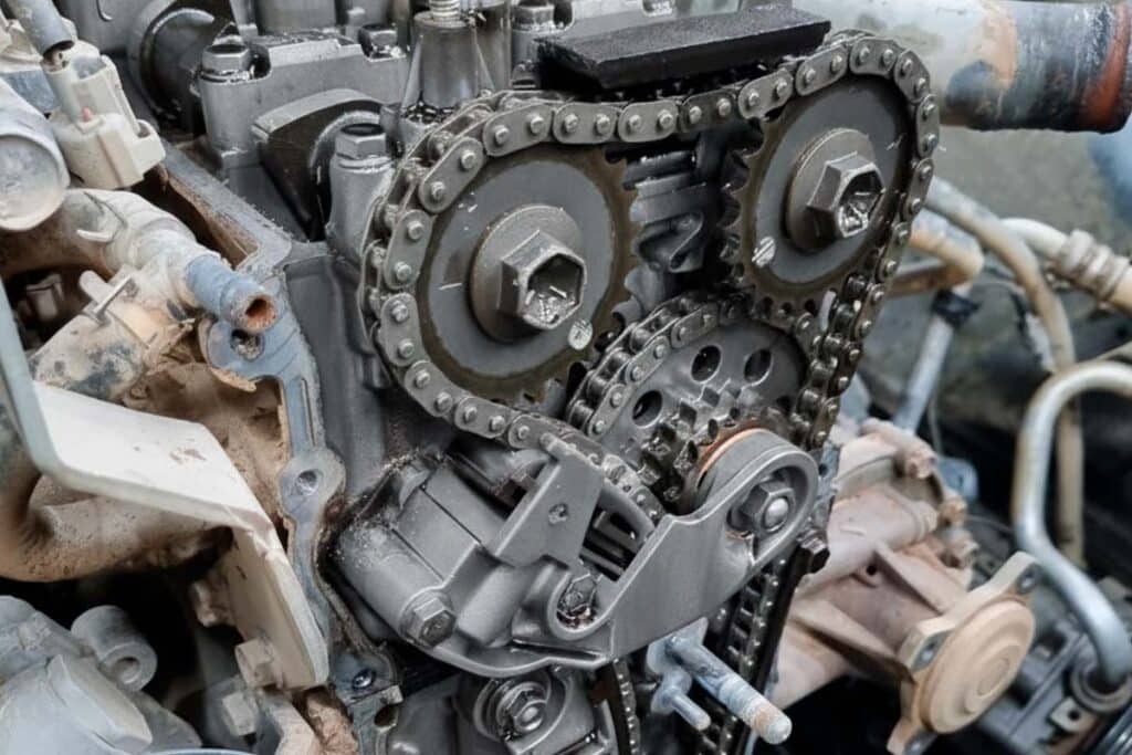 A imagem mostra a corrente de comando de um motor aberto.