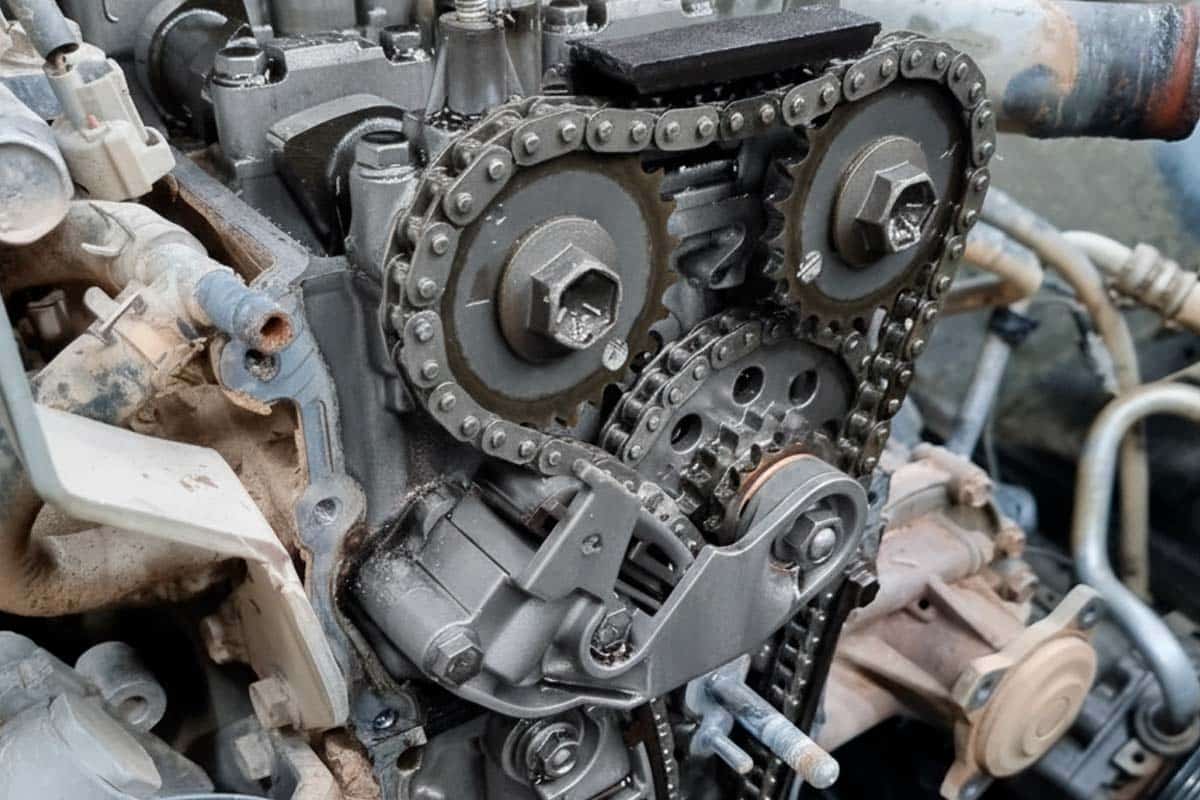 A imagem mostra a corrente de comando de um motor aberto.