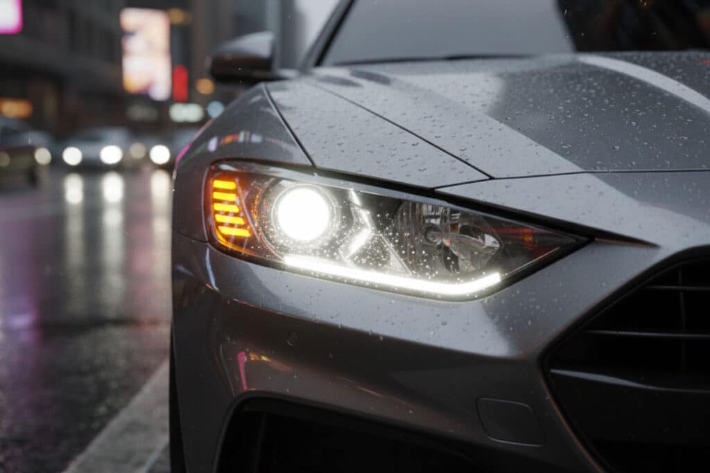 A imagem mostra um farol LED dianteiro de um carro.