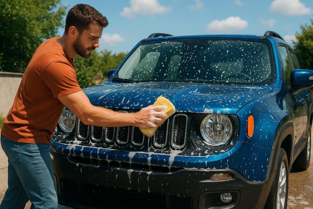 A imagem mostra um homem lavando um Jeep Renegade azul na rua, com uma esponja e sabão em um dia de sol.