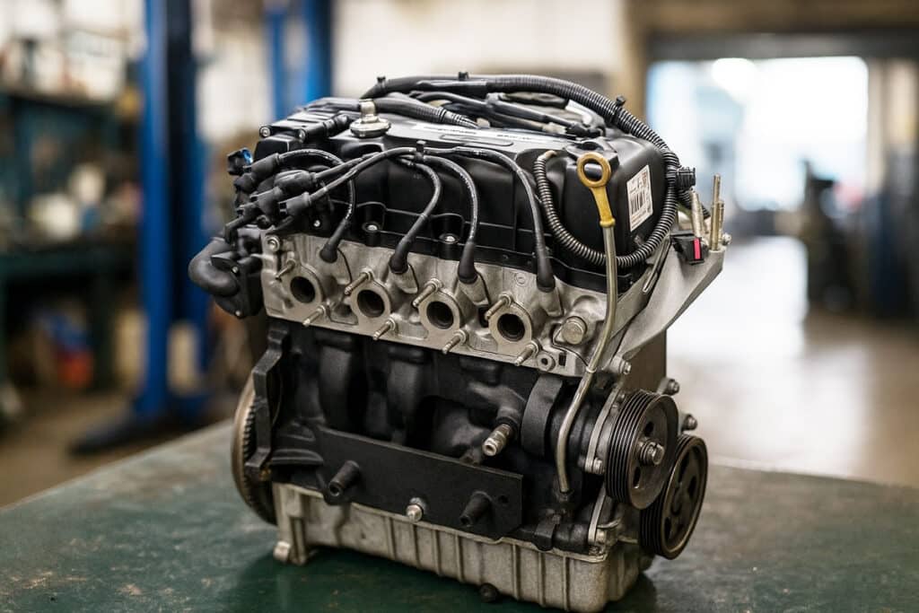 A imagem mostra um motor aspirado em cima da bancada de uma oficina mecânica.