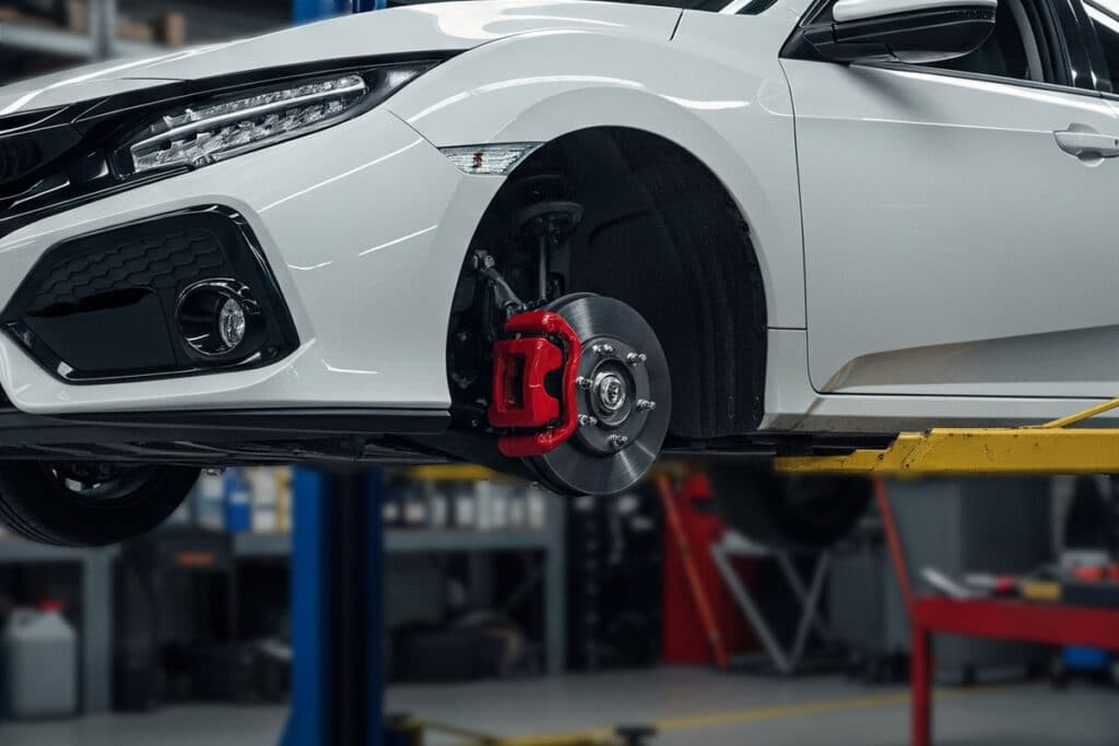 A imagem mostra um Honda Civic sem a roda dianteira, revelando sua pinça de freio pintada na cor vermelha.