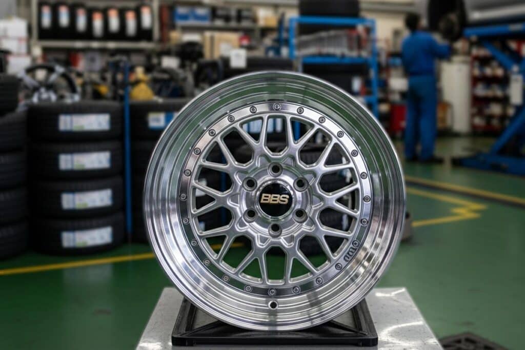 A imagem mostra uma roda esportiva da marca BBS, com uma borracharia ao fundo.