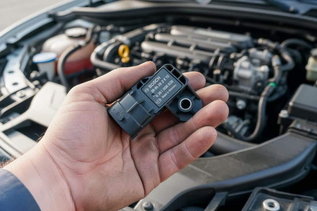 A imagem mostra um sensor MAP na mão de um mecânico, com o motor de um carro aparecendo de fundo.