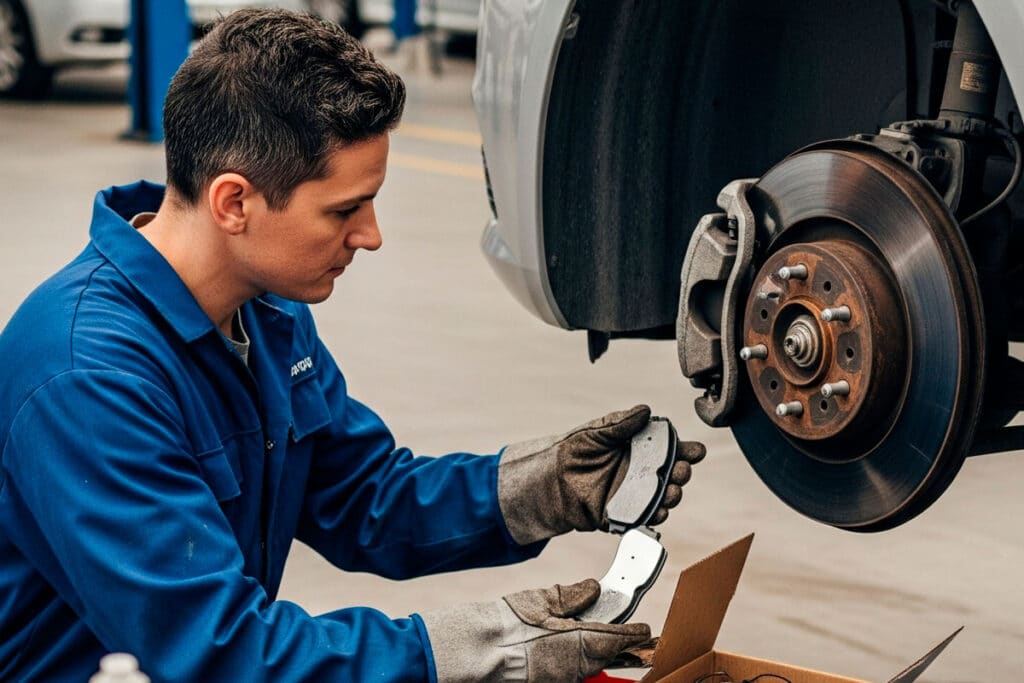 A imagem mostra um mecânica realizando a substituição das pastilhas de freio de um carro.