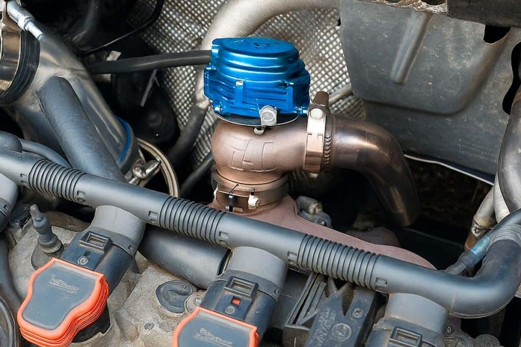 A imagem mostra uma válvula de alívio (wastegate) azul instalado no motor de um carro.
