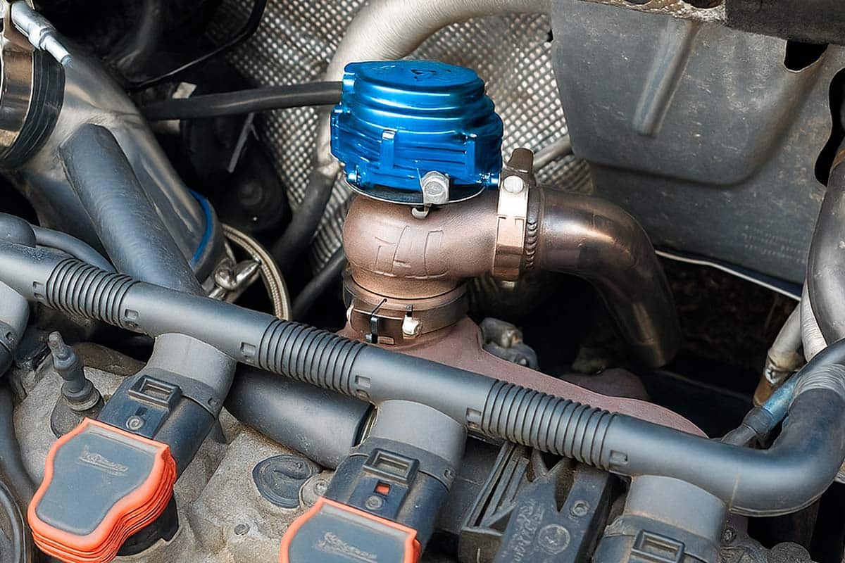 A imagem mostra uma válvula de alívio (wastegate) azul instalado no motor de um carro.