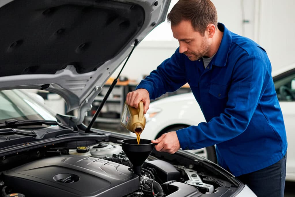 A imagem mostra um mecânico adicionando óleo no motor do carro.